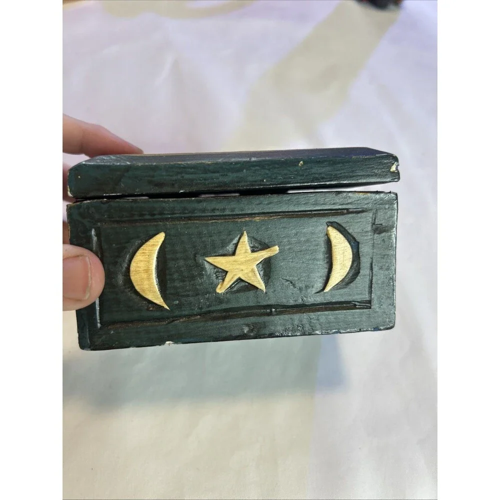 Vintage Celestial Wooden Trinket Box 4x3x3 Sun Moon Stars